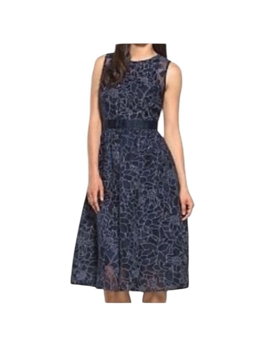 Heidi Weisel Navy Floral Midi Cocktail Dress Size 4
